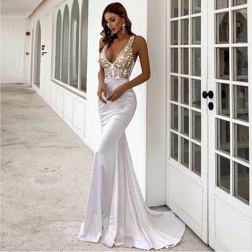 Women’s Neck Crisscross Satin Maxi Prom Dress, Sequin Sleeveless - Picture 5 of 11